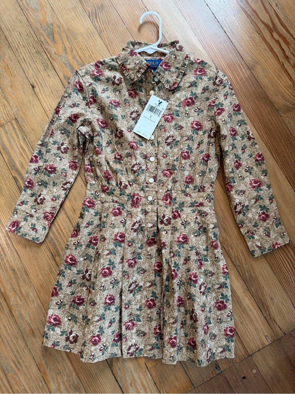 Ralph Lauren Beige Floral Button-Front Long Sleeve Dress with Burgundy Roses